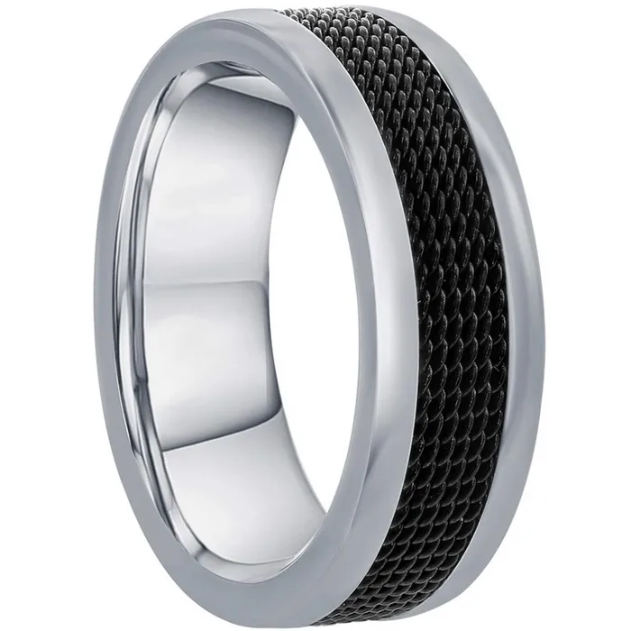 Rings Classic Mens Ring Silver Steel and Black Mesh Inlay Band Size 9 SW21149 Rings Classic Mens Ring Silver Steel and Black Mesh Inlay Band Size 9 SW21149